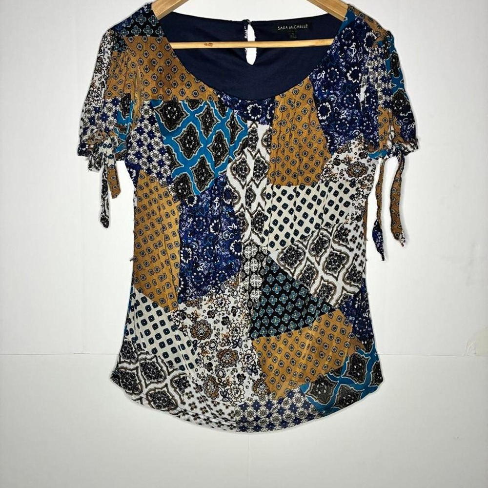 Sara Michelle blue, brown, and white patchwork blouse